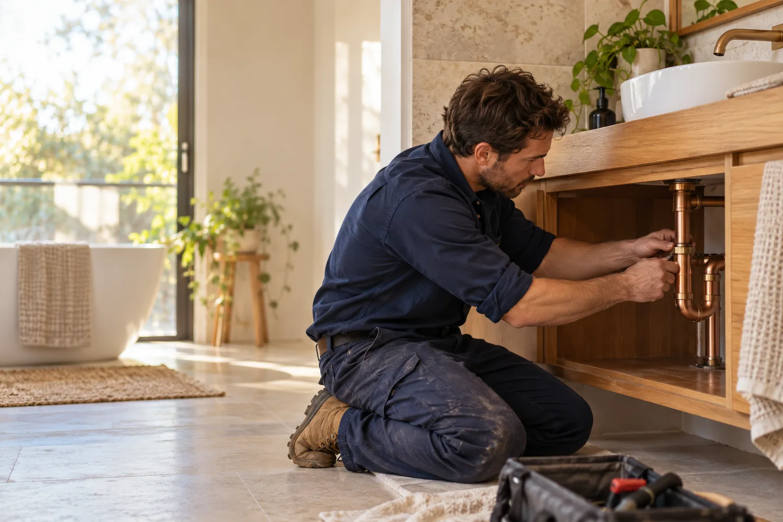 Illustrative image of a plumber working on copper pipes beneath a timber bathroom vanity